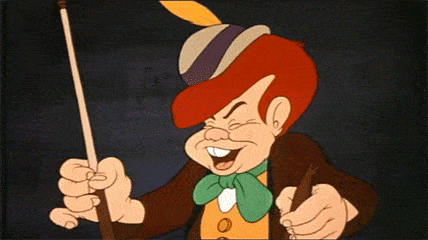 Image animée de Jiminy Cricket, l'ami de *Pinocchio* de Disney, dirigeant joyeusement de la musique avec une baguette. Il porte un costume, un haut-de-forme et un nœud papillon.