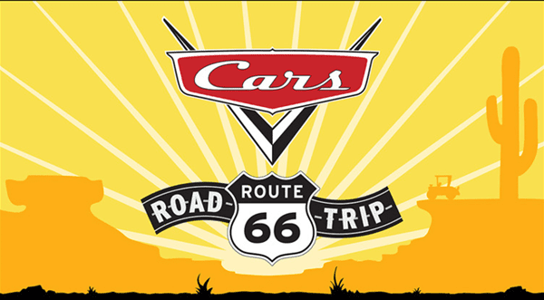 Illustration faisant la promotion d'une aventure sur la Route 66 sur le thème du film "Cars Road Trip", avec le logo du film avec des silhouettes du désert et des cactus en arrière-plan.