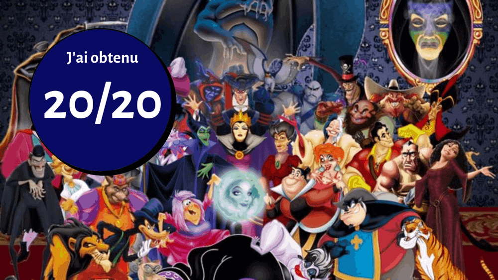 Collage de divers méchants de Disney avec une superposition centrale de texte en gras indiquant « j'ai obtenu 20/20 » dans un cercle bleu, sur un fond sombre et mystique.