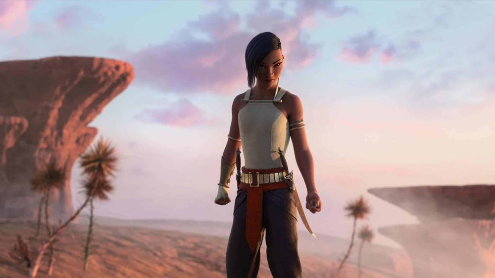 Image numérique d'un personnage féminin animé de "Raya et le Dernier Dragon" dans un paysage désertique, vêtu d'un haut blanc et d'un pantalon gris, regardant au loin avec assurance.