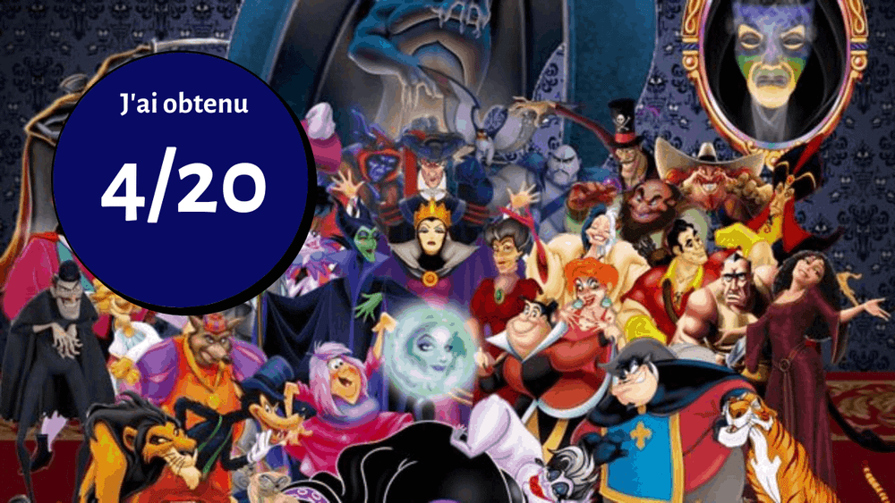 Un collage coloré mettant en valeur une variété de Méchants Disney, avec une note importante de 4/20 superposée à l'image, entouré de personnages animés dans des poses dynamiques.
