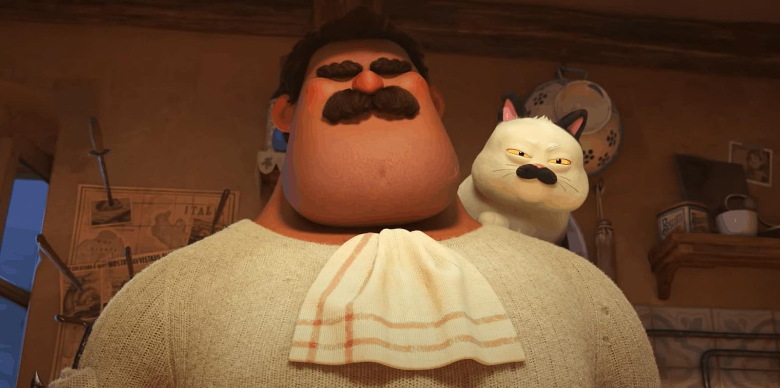 Une image animée représentant un grand homme avec une épaisse moustache portant un pull crème et un chat blanc grincheux assis sur son épaule dans une pièce douillette, rappelant des scènes du film Pixar.