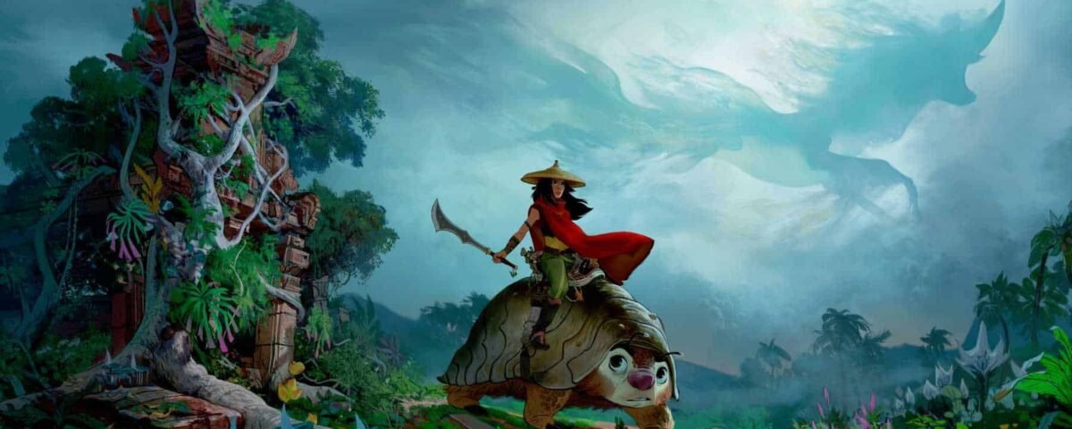 Une illustration fantastique représentant une jeune fille à la cape rouge chevauchant une grosse tortue à travers une forêt luxuriante et vibrante sous un ciel mystique et nuageux, rappelant les scènes de "Raya et le Dern
