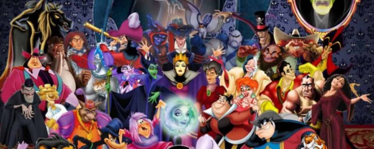 Collage de divers méchants animés de Disney, y compris des personnages du Roi Lion et d'autres films, présentés avec un arrière-plan effrayant et coloré.