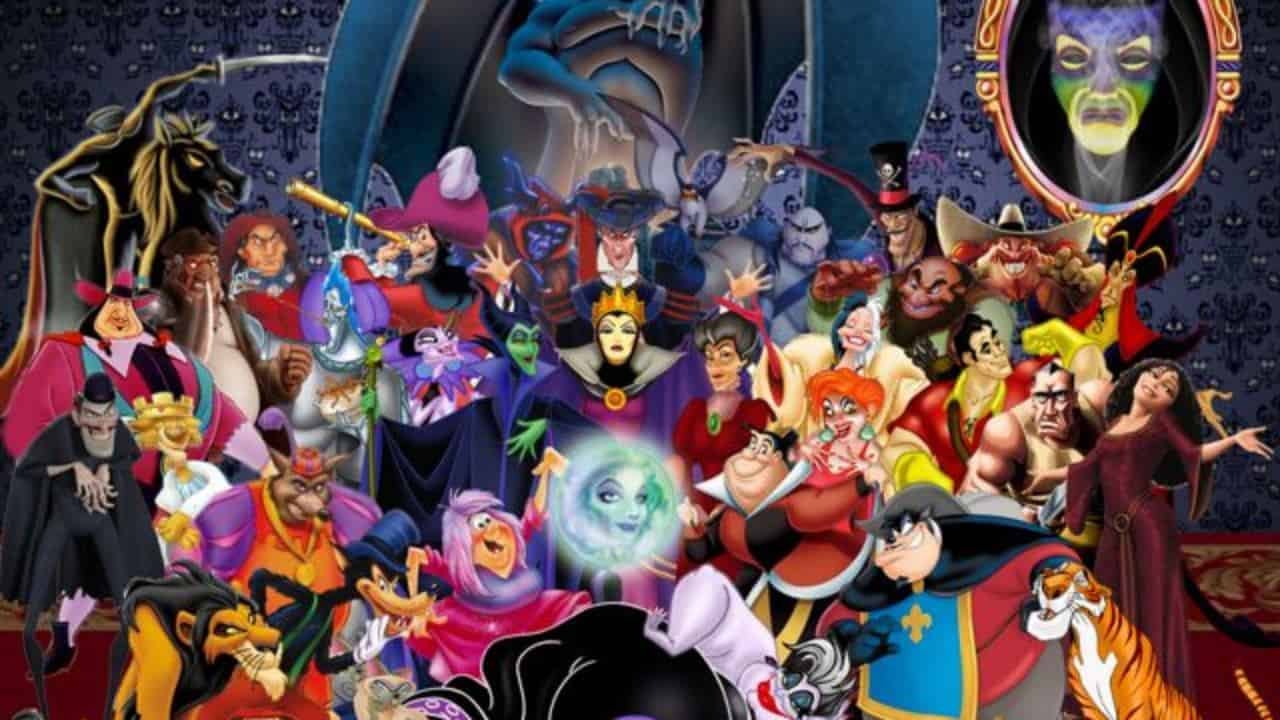 Collage de divers méchants animés de Disney, y compris des personnages du Roi Lion et d'autres films, présentés avec un arrière-plan effrayant et coloré.