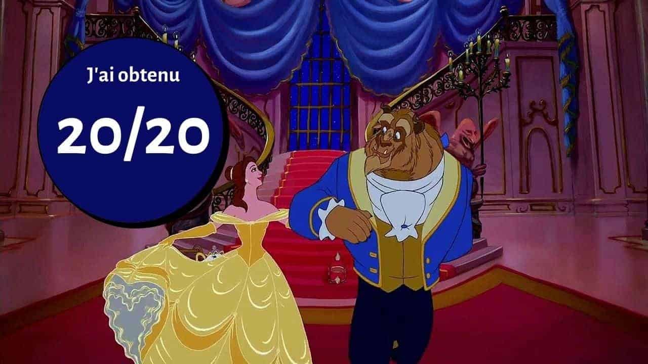 Illustration de la Belle dansant avec la bête dans une grande salle de bal de « La Belle et la Bête », avec des paroles de chansons françaises de Disney, avec un grand cercle bleu indiquant « j'ai obtenu