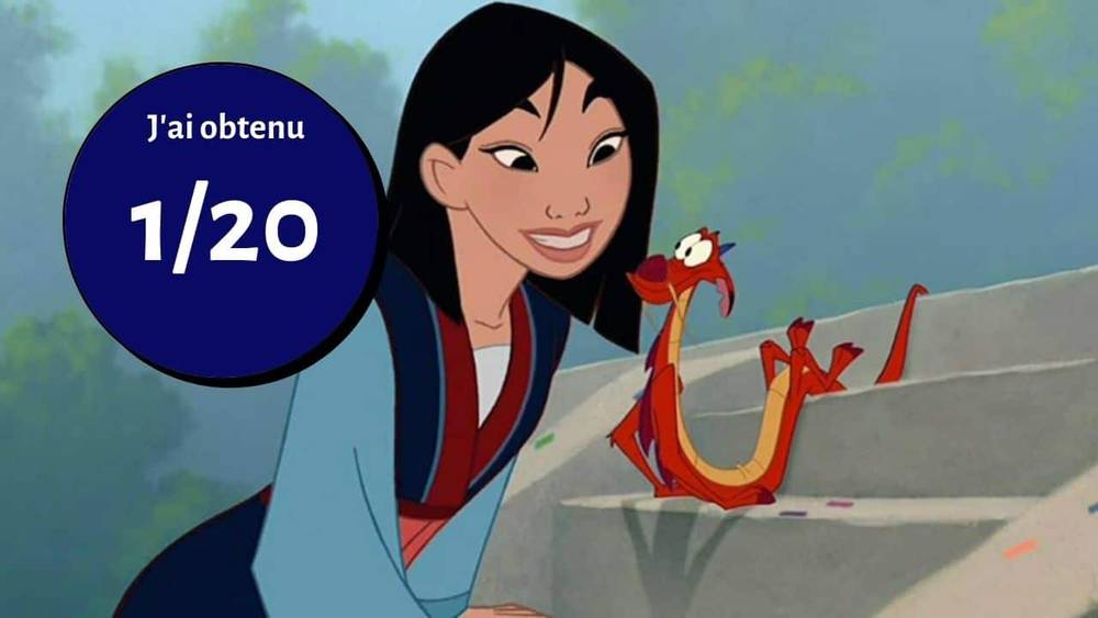 Illustration tirée du film d'animation Disney "Mulan", montrant Mulan et le dragon Mushu avec une superposition de texte humoristique en français indiquant "J'ai eu 1/20.