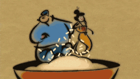 Image animée de deux personnages de dessins animés, un grand homme en tenue bleue et Mulan, un guerrier chinois en robe marron et blanche, dansant joyeusement sur une assiette de riz.