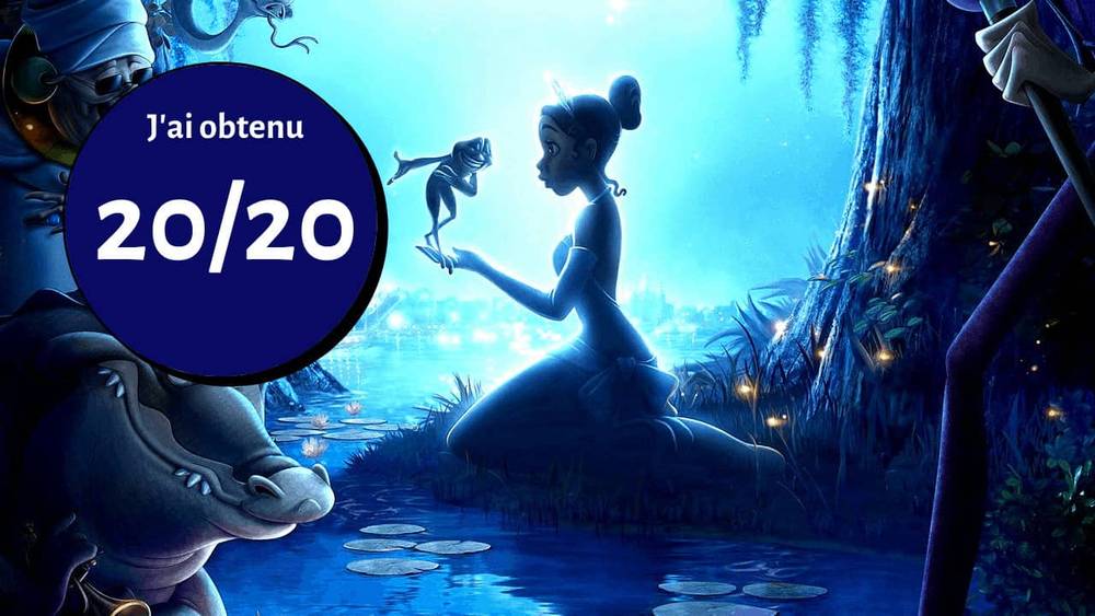 Illustration du film d'animation "La Princesse et la Grenouille", montrant la princesse Tiana dans une robe bleue, assise au bord d'une rivière