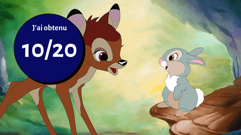 Une scène d'un film d'animation mettant en scène un jeune cerf et un lapin, avec un cercle bleu superposé affichant le texte « 10/20 » en blanc. l'arrière-plan montre un décor forestier coloré.