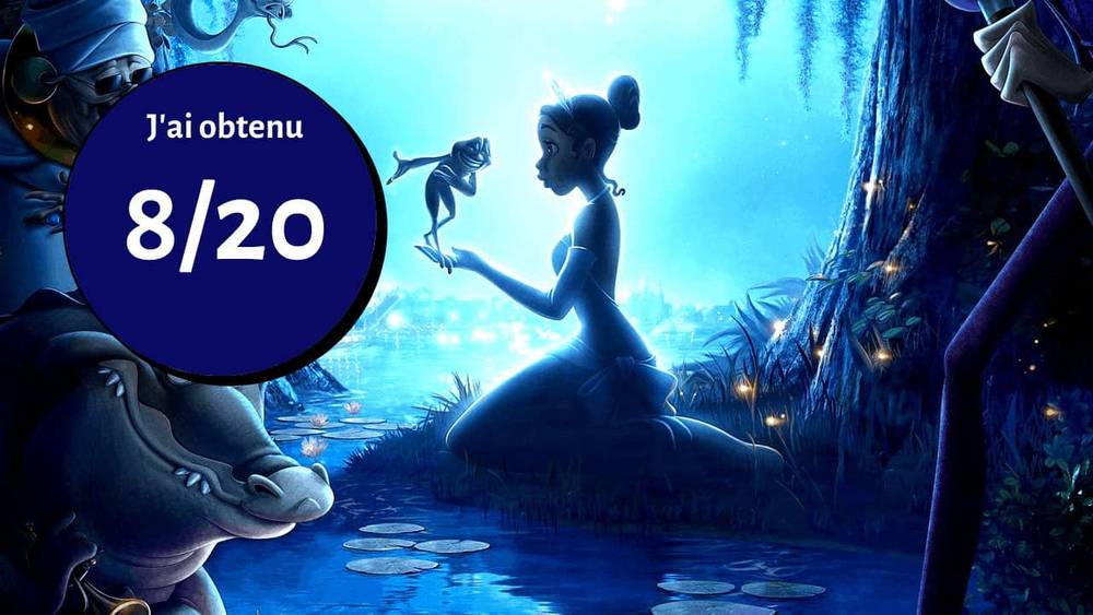 Une illustration du film d'animation "La Princesse et la Grenouille", mettant en scène Tiana interagissant avec une grenouille dans un marais magique éclairé en bleu, avec une partition "8/