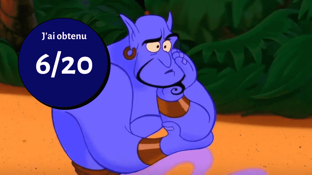 Illustration du génie du film Aladdin de Disney semblant déçu, assis avec une expression pensive. Une bulle bleue indique « j'ai obtenu 6/20 » en texte blanc.