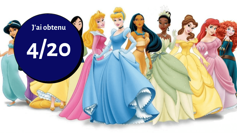 Une illustration présentant une série de personnages princesses de divers films Disney debout ensemble, avec un grand cercle bleu superposé affichant le texte « j'ai obtenu 4/20 » en blanc.