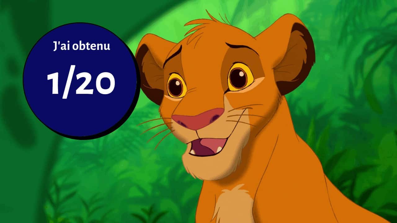 Simba du "Roi Lion", un personnage de Disney, semble surpris à côté d'un cercle bleu avec "j'ai obtenu 1/20" écrit en blanc, sur un fond de jungle verte luxuriante
