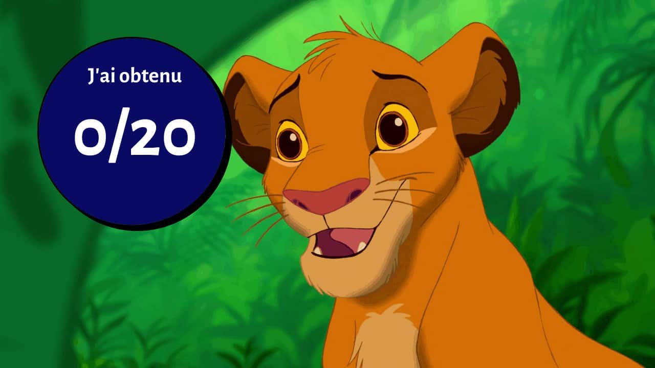 Image animée d'un jeune Simba du "Roi Lion" de Disney, l'air surpris, avec une bulle bleue contenant "j'ai obtenu 0/20" sur fond vert jungle