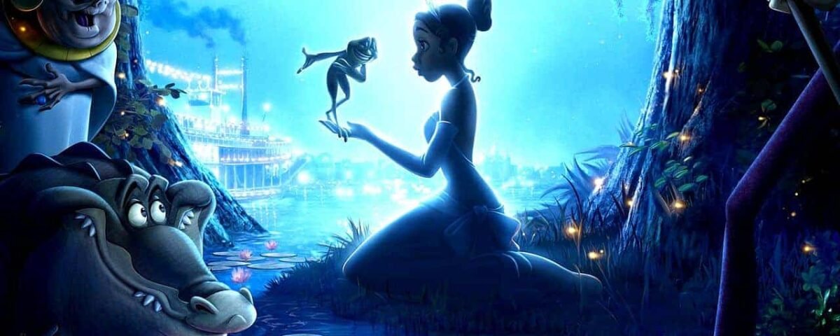 Scène animée représentant une jeune femme assise au bord d'un étang au clair de lune, regardant une grenouille sur sa main tendue, rappelant "La Princesse et la Grenouille", avec des caprices