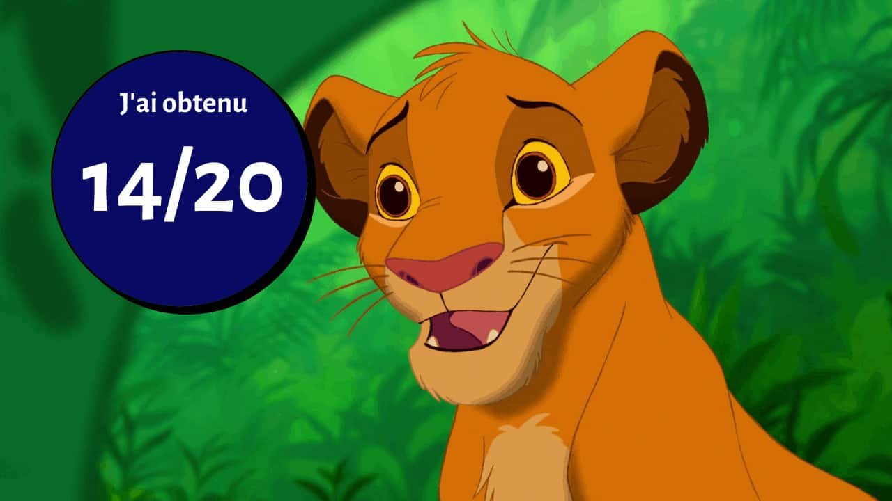 Un graphique du jeune Simba du « Roi Lion » avec une expression joyeuse, sur fond de jungle. A côté de lui se trouve un cercle bleu avec le texte "j'ai obtenu 14
