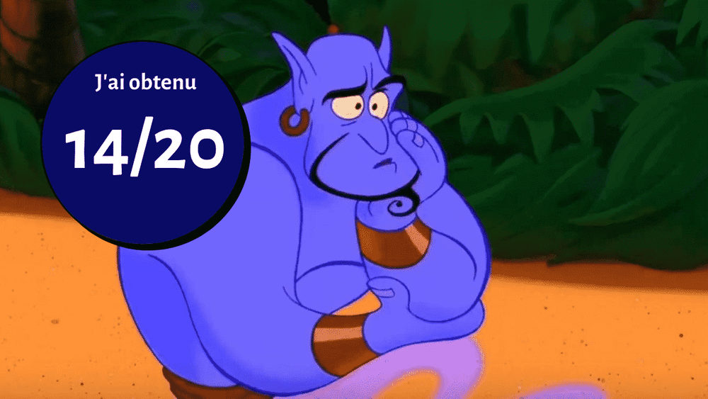 Image animée du génie d'Aladdin assis par terre avec une expression pensive, à côté d'un cercle bleu indiquant "3 mots 1 film.