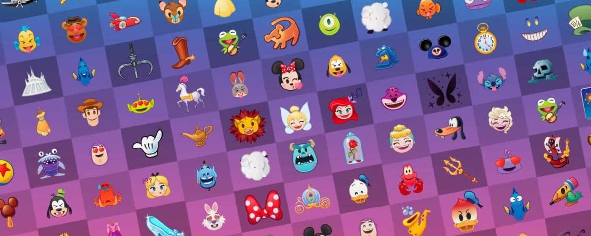 Grille colorée présentant un large éventail d'émojis Disney et de symboles associés, comme Mickey Mouse et les couronnes de princesse, sur fond bleu et violet.