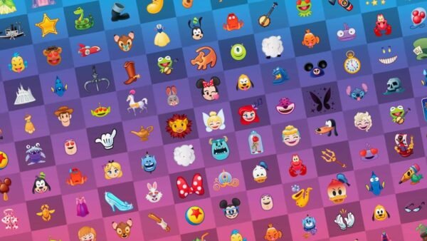 Grille colorée présentant un large éventail d'émojis Disney et de symboles associés, comme Mickey Mouse et les couronnes de princesse, sur fond bleu et violet.