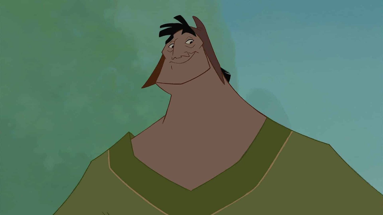 Image animée d'un grand personnage masculin de Disney avec une expression suffisante, avec des cheveux noirs et portant une tunique verte sur un fond vert pâle.