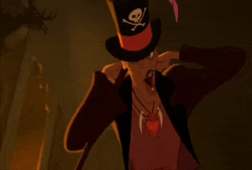 Squelette de pirate animé avec un bandana rouge et un cache-œil, souriant et dansant devant un fond flamboyant dans un film d'animation.