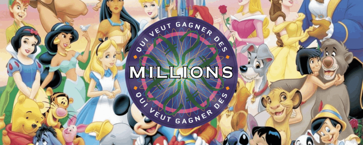 Un collage coloré de personnages Disney animés entourant un logo central qui dit « qui veut gagner des millions » dans un design de quiz stylisé. Les personnages incluent des princesses, des animaux et d'autres personnages emblématiques