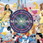 Un collage coloré de personnages Disney animés entourant un logo central qui dit « qui veut gagner des millions » dans un design de quiz stylisé. Les personnages incluent des princesses, des animaux et d'autres personnages emblématiques