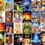 Collage d'affiches de films classiques de Walt Disney, notamment "Le Roi Lion", "Aladdin", "La Petite Sirène" et d'autres, présentant des œuvres d'art éclatantes et des titres de films dans différentes langues.