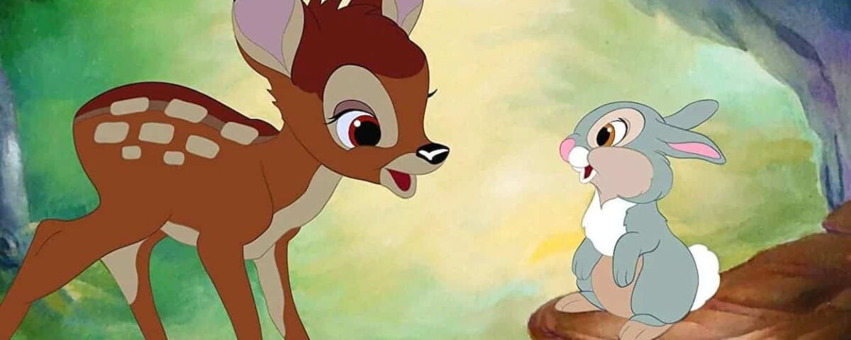 Un jeune cerf ressemblant à Bambi et un lapin dans un décor forestier, le cerf semblant surpris et le lapin semblant expliquer quelque chose avec sérieux. Couleurs vives et style animé.
