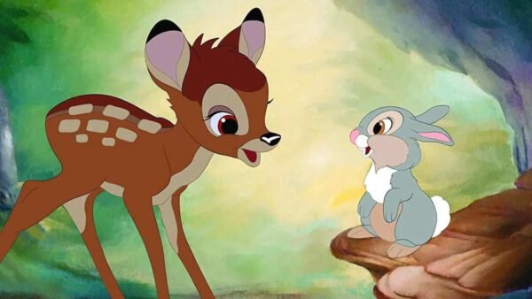 Un jeune cerf ressemblant à Bambi et un lapin dans un décor forestier, le cerf semblant surpris et le lapin semblant expliquer quelque chose avec sérieux. Couleurs vives et style animé.