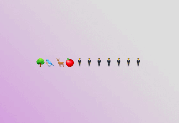 Sur un fond rose pastel, une séquence d'icônes Disney Emoji comprend un arbre, un cerf au nez rouge et plusieurs policiers en uniforme espacés, créant une ligne minimaliste et unifiée.