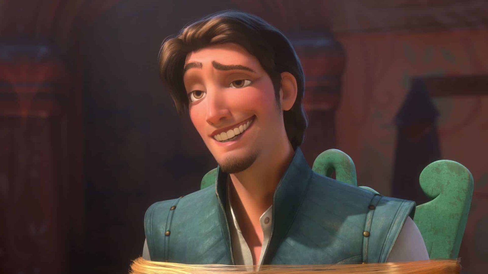 Personnage animé de Disney à l'expression souriante, vêtu d'un gilet vert et d'une chemise blanche, sur un fond coloré et chaleureusement éclairé évoquant une scène d'un film d'animation.