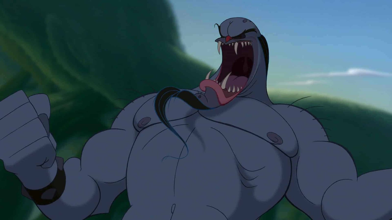 Un personnage animé de Disney d'Hercule, le Cyclope, est représenté rugissant de manière agressive avec un œil et une carrure musclée, sur un fond vert flou.