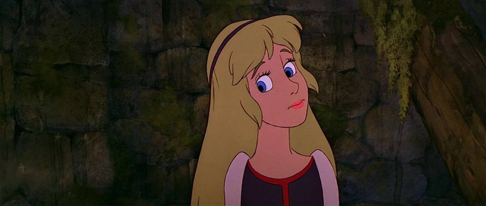 La princesse Disney animée aux cheveux blonds et aux yeux bleus, vêtue d'une robe rouge et violette, lève les yeux avec une expression pleine d'espoir sur un fond de mur de pierre moussu.