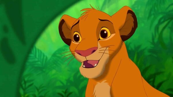 Image animée d'un jeune lion aux yeux marron expressifs et au visage souriant, sur un fond de jungle verdoyante, rappelant les personnages de Disney.
