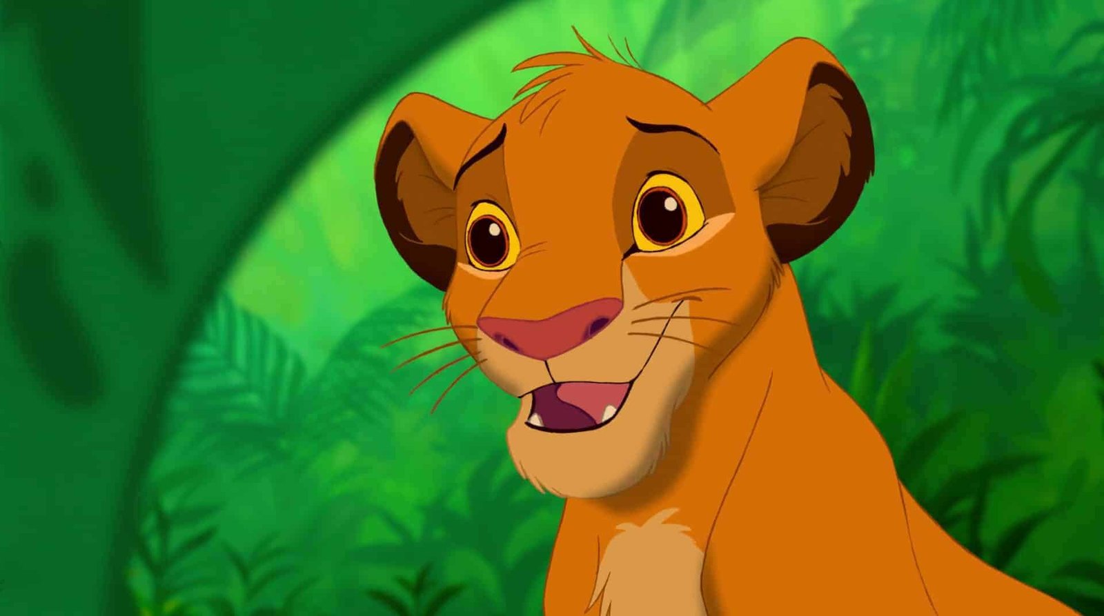 Image animée d'un jeune lion aux yeux marron expressifs et au visage souriant, sur un fond de jungle verdoyante, rappelant les personnages de Disney.