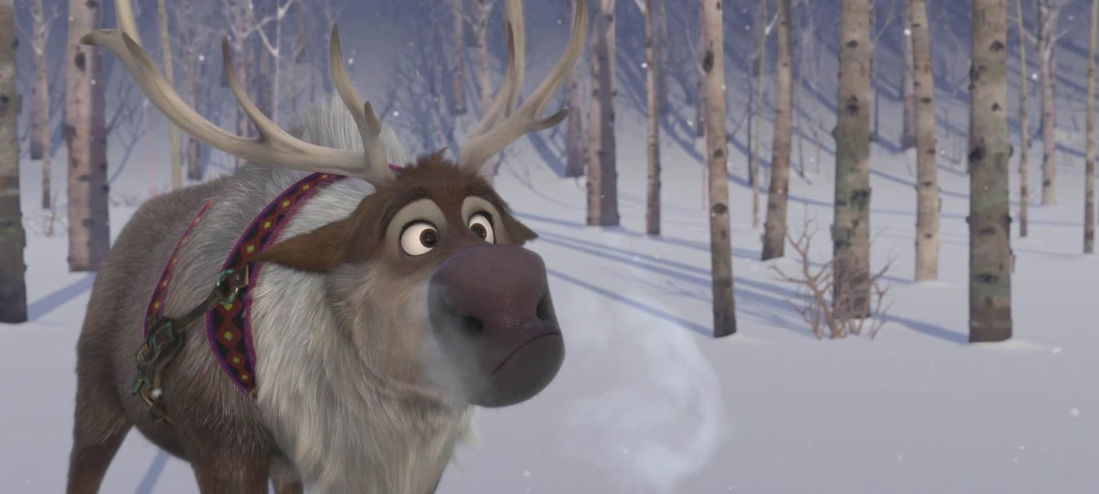 Un renne aux yeux écarquillés et au harnais coloré, ressemblant à des personnages de Disney, se tient dans une forêt enneigée, l'air visible sortant de ses narines par une journée froide.