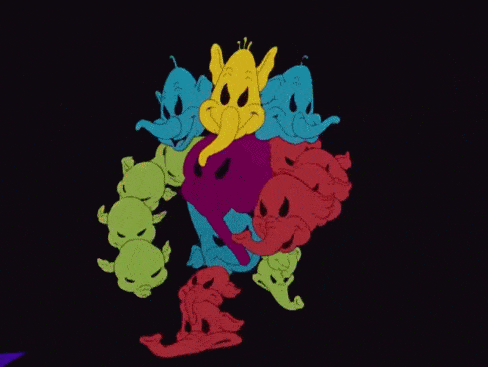 Gif animé représentant des éléphants de dessins animés colorés en rouge, vert, bleu et jaune, dansant joyeusement en cercle sur un fond noir dans le quartier Dumbo de Brooklyn.