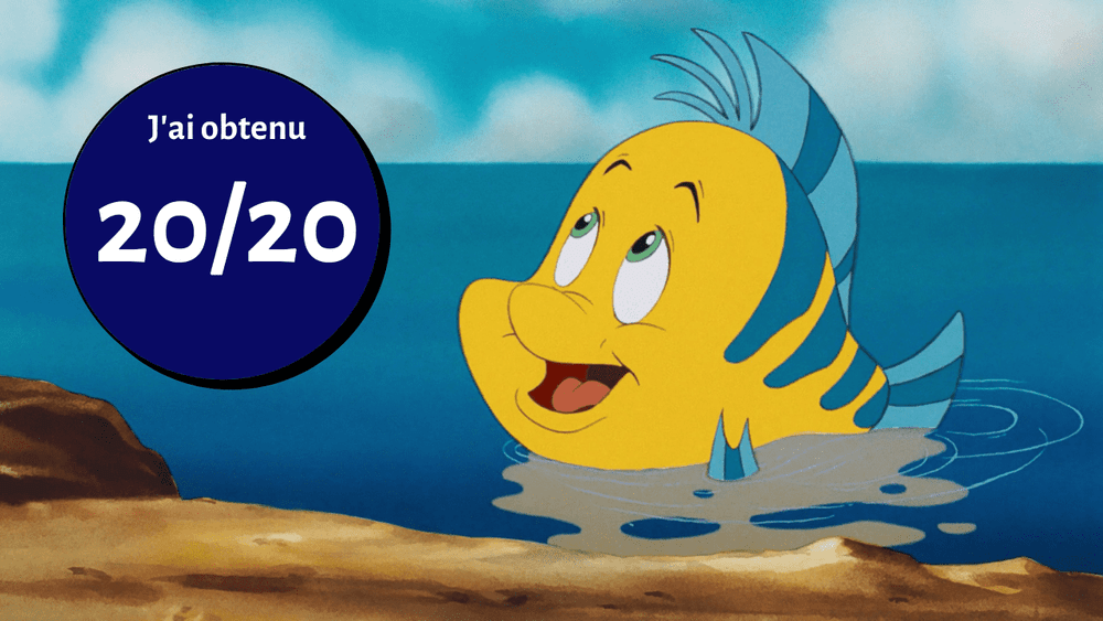 Illustration d'un poisson de dessin animé jaune et bleu souriant sous l'eau, produit par Poisson Films, avec une bulle à côté disant "j'ai obtenu 20/20" en français, indiquant un