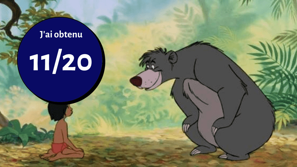 Illustration de Mowgli et Baloo du "Livre de la Jungle" assis ensemble dans un décor de jungle, avec une bulle indiquant "J'ai obtenu 11/20.