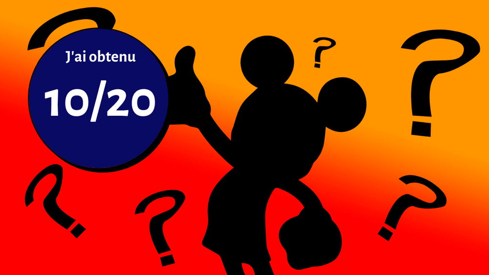 Silhouette silhouette levant une main confuse, entourée de points d'interrogation, avec un cercle bleu indiquant "j'ai obtenu 10/20" sur fond orange lors d'un Quiz Disney.