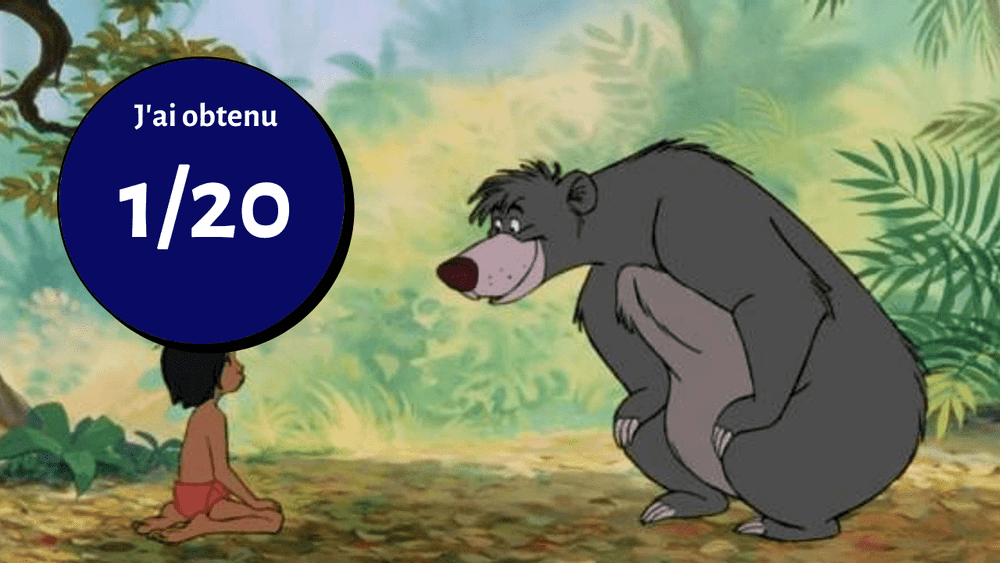 Une image tirée d'un dessin animé mettant en scène Mowgli et Baloo du "Livre de la Jungle", assis dans un décor de jungle. Une bulle bleue avec un texte blanc indique "J'ai obtenu