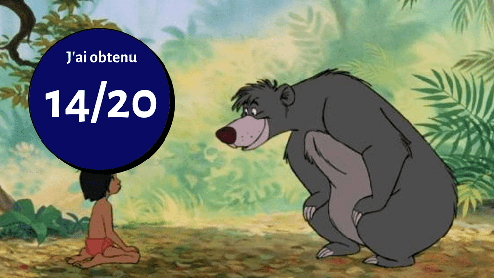 Illustration tirée du "Livre de la Jungle" de Rudyard Kipling montrant Mowgli assis et face à Baloo, avec une bulle disant "j'ai obtenu 14/20" en