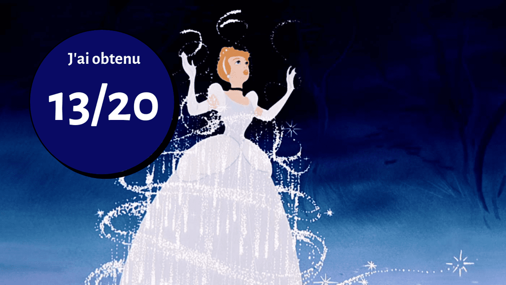 Une image animée de Cendrillon de l'opéra Cendrillon, dans une robe de bal blanche étincelante, avec une bulle de texte en français disant "j'ai obtenu 13/20" sur un fond sombre.