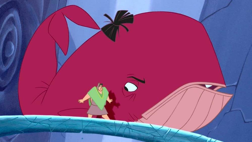 Une scène animée avec une grande baleine rose portant un arc noir, regardant avec scepticisme un petit homme vêtu de vert debout sur une branche. L'arrière-plan représente un environnement bleu fantaisiste et ondulé