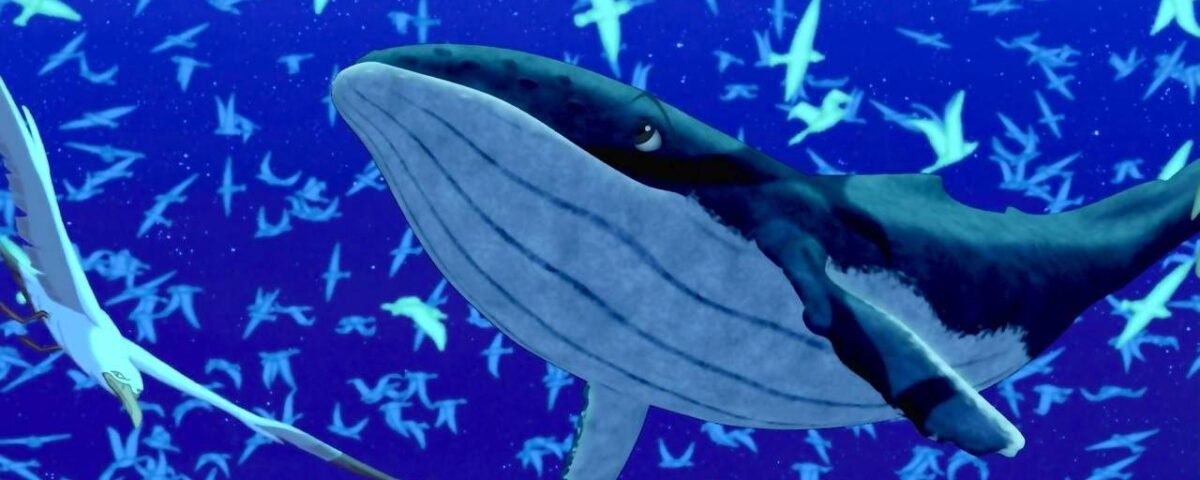 Une illustration numérique d'une baleine bleue nageant sous l'eau entourée de petits poissons, représentée dans un décor océanique bleu vif rappelant une scène des films Disney.