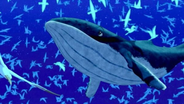 Une illustration numérique d'une baleine bleue nageant sous l'eau entourée de petits poissons, représentée dans un décor océanique bleu vif rappelant une scène des films Disney.
