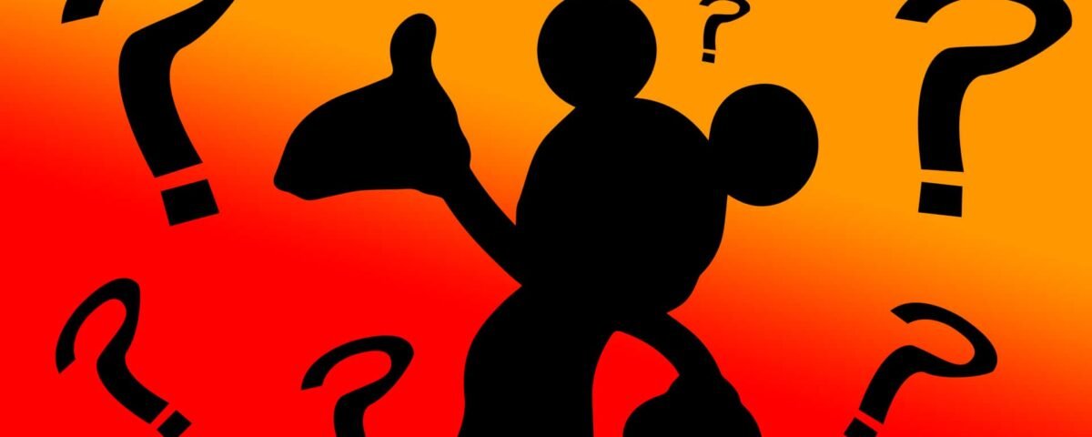 Silhouette d'une personne levant le pouce entourée de points d'interrogation sur fond orange dégradé, prête pour un quiz Disney.