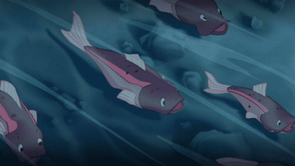 Illustration de plusieurs poissons stylisés aux teintes violettes et roses nageant dans une eau d'un bleu profond, leur mouvement créant de légères ondulations autour d'eux dans une scène rappelant les films de Disney.